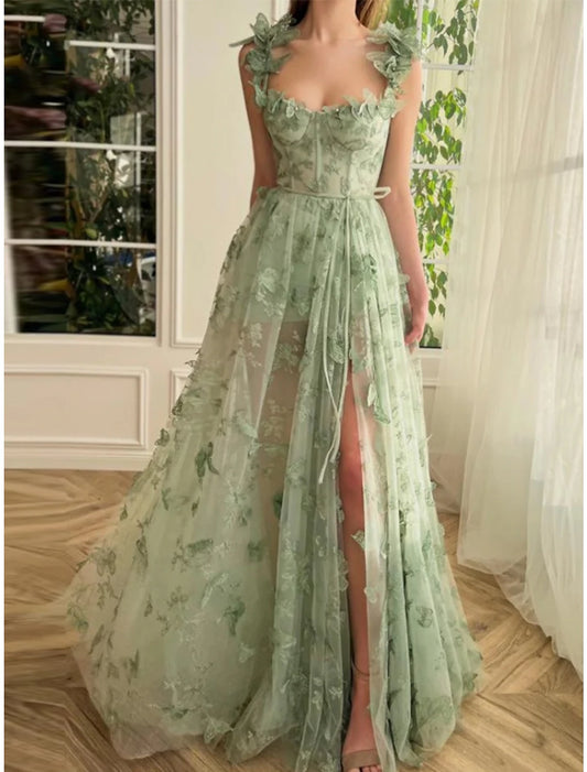 A-Line Prom Dresses Elegant Dress Formal Sweep / Brush Train Sleeveless Square Neck Tulle with Pleats Slit Appliques 3D Butterflies Dress