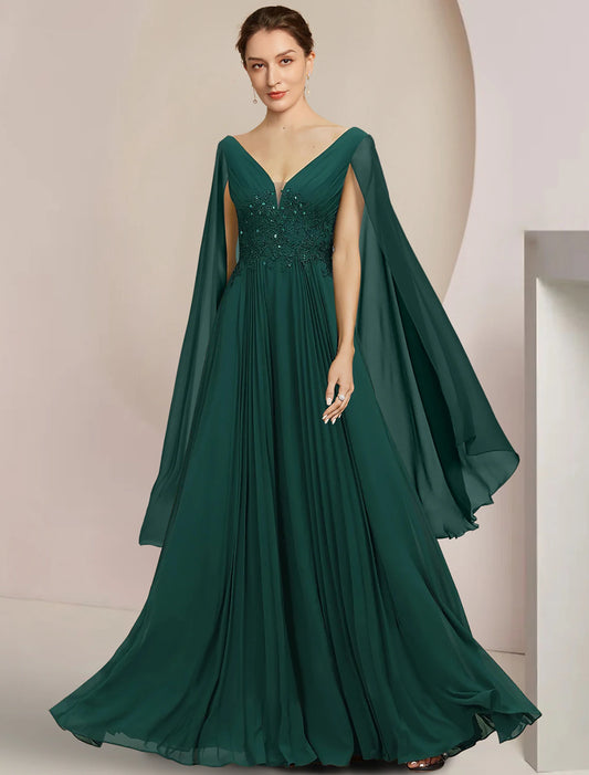 A-Line Mother of the Bride Dress Formal Wedding Guest Elegant V Neck Floor Length Chiffon Lace Sleeveless with Pleats Sequin Appliques