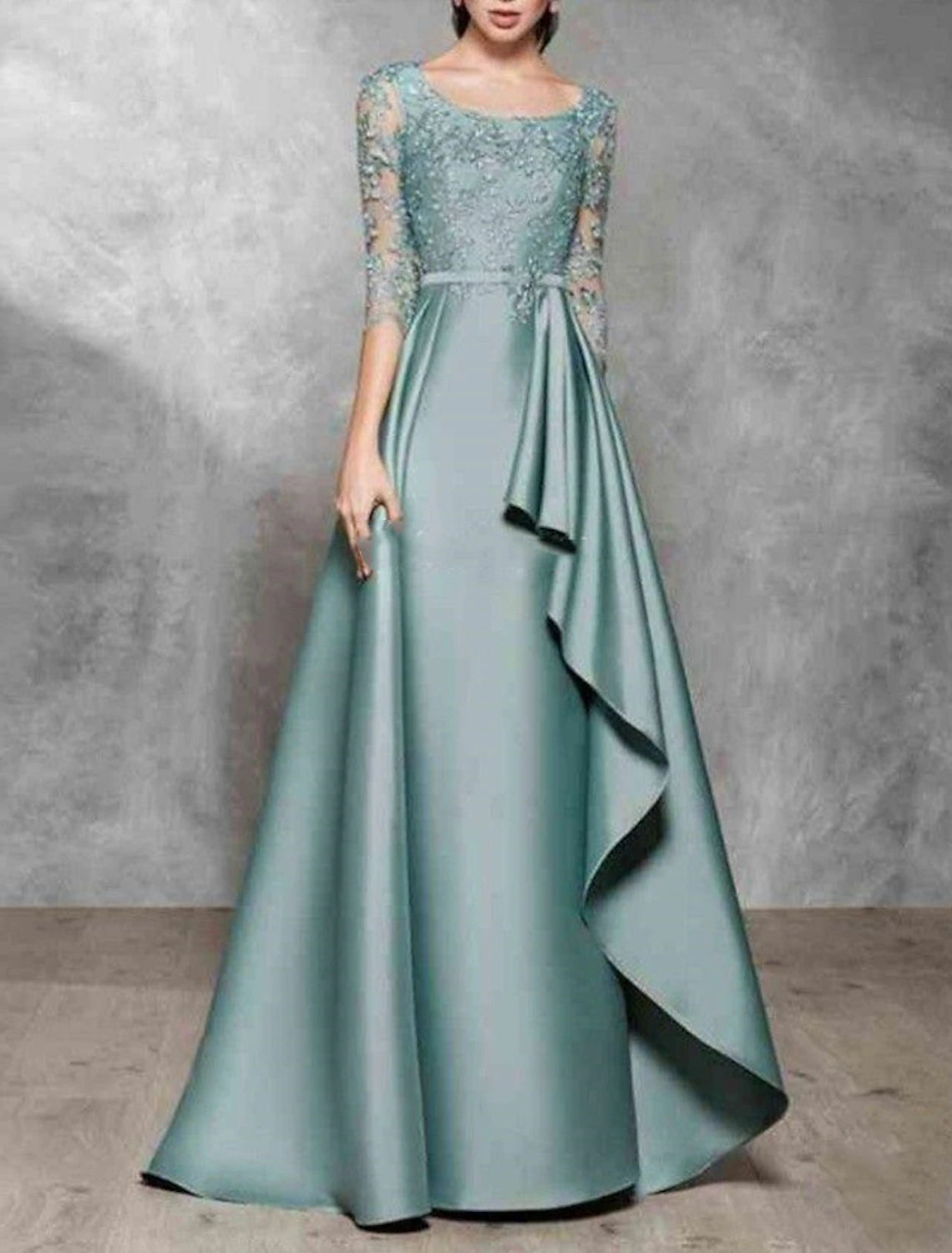 A-Line Mother of the Bride Dress Wedding Guest Elegant Jewel Neck Floor Length Satin Lace 3/4 Length Sleeve No with Sash / Ribbon Ruffles Appliques