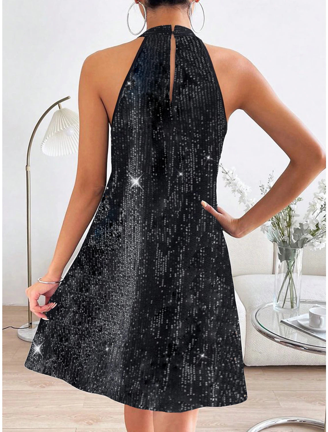 Women‘s Little Black Dress Sexy Dress Black Sequin Dress Party Dress Homecoming Dress Mini Dress Fuchsia Sleeveless Spring Fall Halter Neck Fashion Wedding Guest Vacation