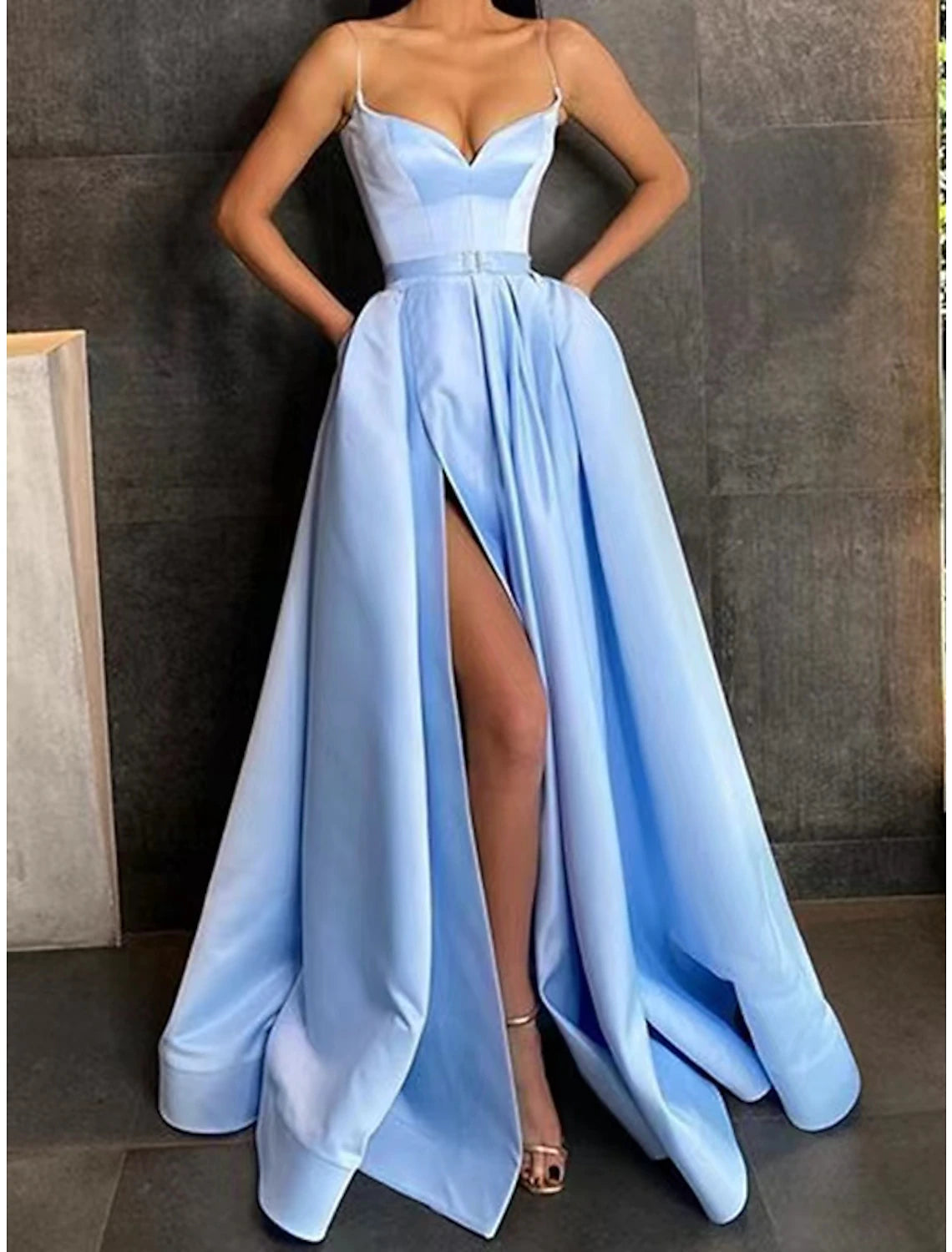 Ball Gown A-Line Prom Dresses Cut Out Dress Prom Formal Evening Floor Length Sleeveless Sweetheart Italy Satin with Slit