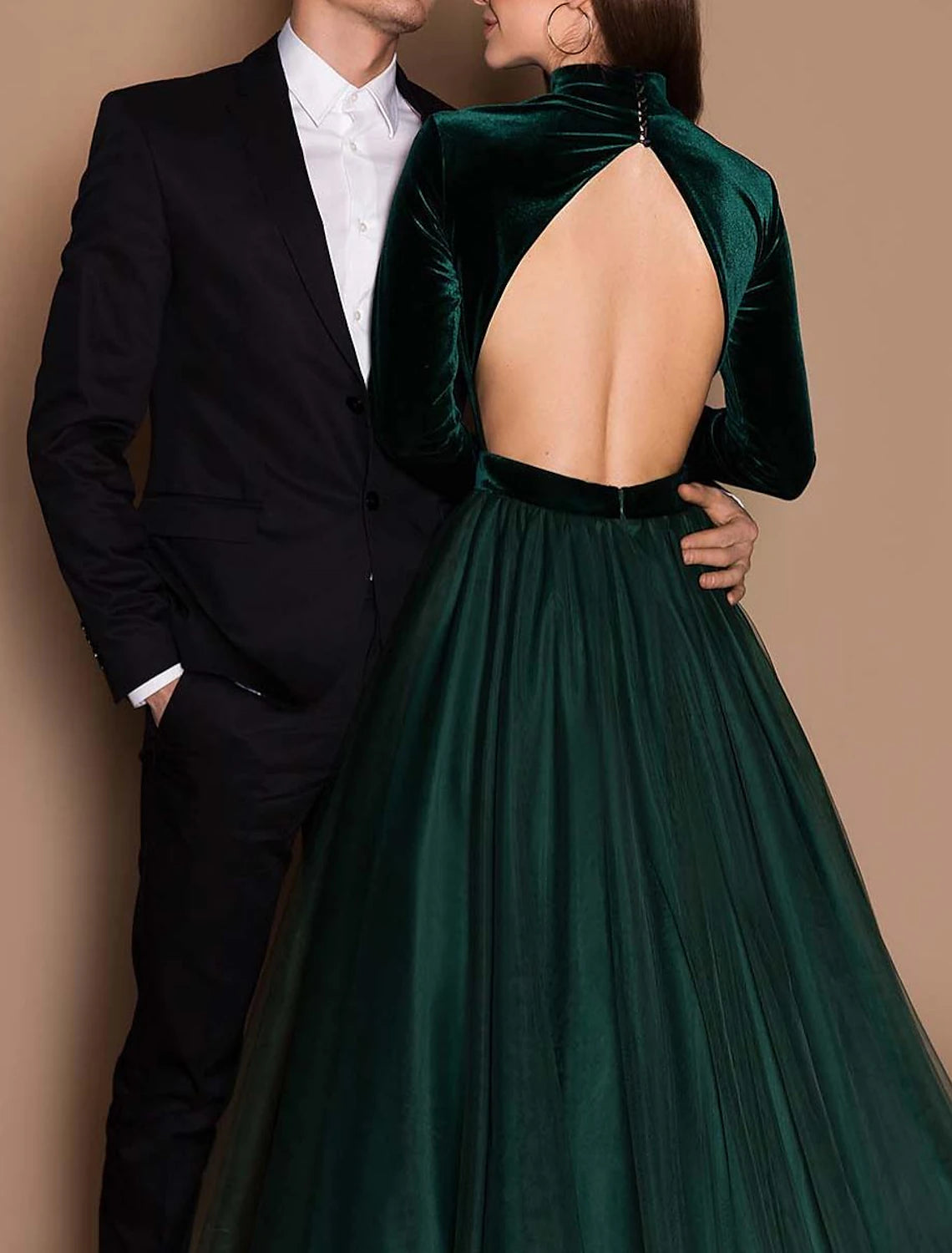 Ball Gown Beautiful Back Elegant Wedding Guest Formal Evening Birthday Dress High Neck Long Sleeve Court Train Tulle with Pleats Pure Color