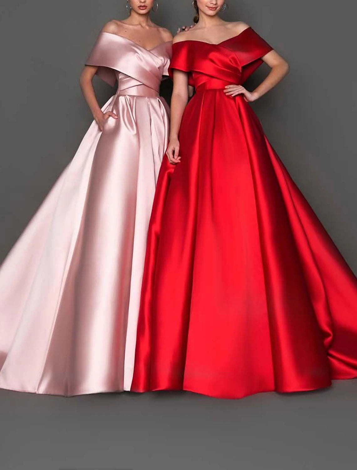Ball Gown Celebrity Style Minimalist Princess Quinceanera Formal Evening Dress Off Shoulder Short Sleeve Court Train Satin with Pleats Pure Color