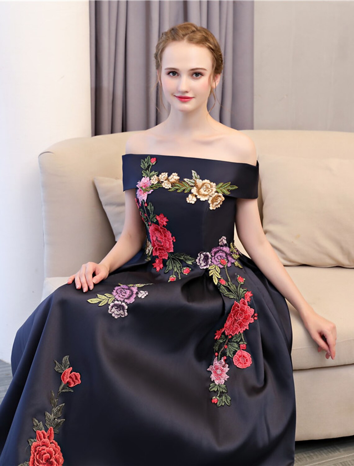 A-Line Floral Dress Wedding Guest Formal Evening Floor Length Sleeveless Off Shoulder Satin with Embroidery Appliques