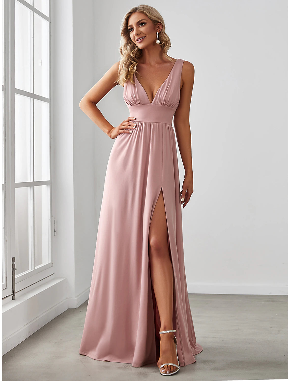 A-Line Prom Party Dress High Split Dress Wedding Guest Formal Evening Floor Length Sleeveless V Neck Bridesmaid Dress Chiffon V Back with Slit Pure