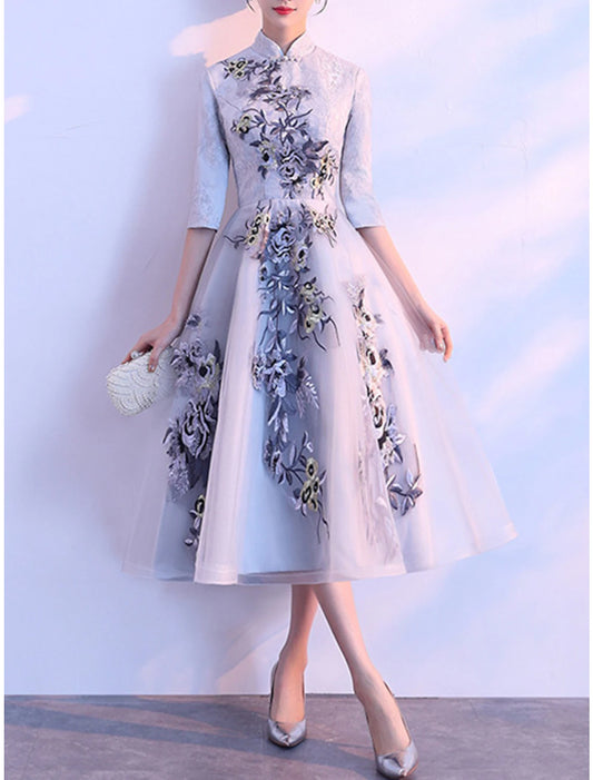 A-Line Mother of the Bride Dress Vintage Elegant High Neck Tea Length Lace Tulle Half Sleeve with Appliques