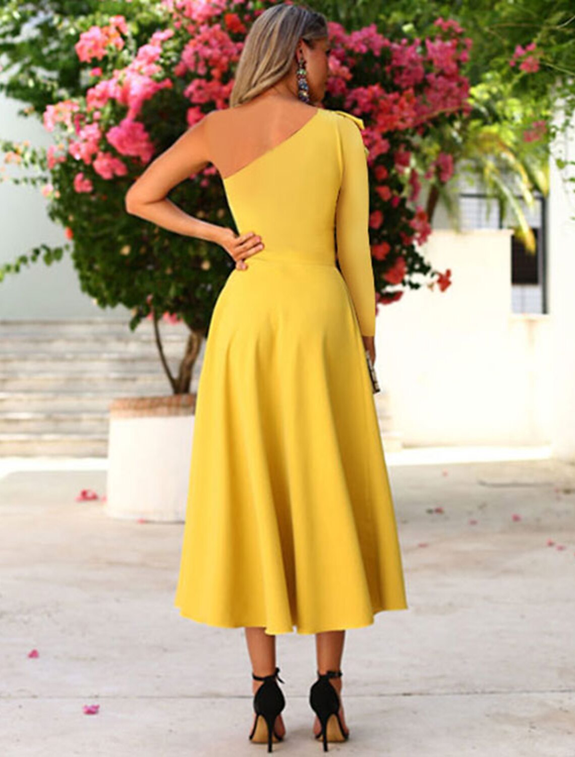 A-Line Cocktail Dresses Open Back Dress Party Wear Wedding Guest Tea Length Long Sleeve One Shoulder Stretch Fabric with Ruffles