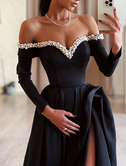 A-Line Evening Gown Black Dress Dress Formal Masquerade Sweep / Brush Train Long Sleeve Off Shoulder Satin with Pearls Slit