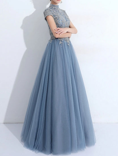 A-Line Evening Gown Vintage Dress Quinceanera Wedding Guest Floor Length Short Sleeve High Neck Tulle with Pleats Appliques