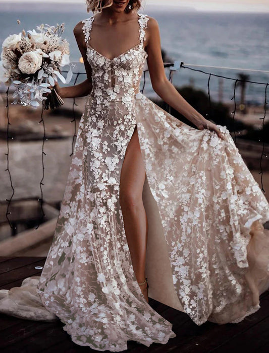 Beach Boho Wedding Dresses A-Line Sweetheart Regular Straps Court Train Lace Bridal Gowns With Appliques Split Front