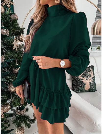 Women's Red Christmas Party Dress Homecoming Dress Cocktail Dress Black Red Green Long Sleeve Lace up Stand Collar Fashion Winter Dress
