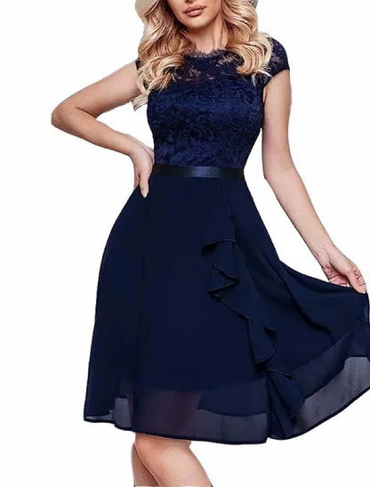 A-Line Wedding Guest Dresses Elegant Dress Party Wear Wedding Party Knee Length Short Sleeve Jewel Neck Spandex with Ruffles