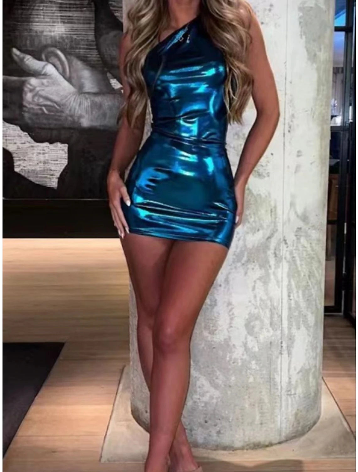 Women's Party Dress Homecoming Dress Wedding Guest Dress Mini Dress Blue Gold Green Sleeveless Pure Color Ruched Summer Spring Fall One Shoulder Party Vacation Summer Dress