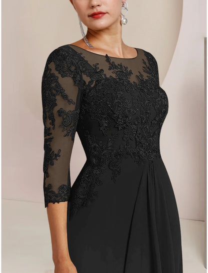 A-Line Mother of the Bride Dress Wedding Guest Party Elegant Scoop Neck Sweep / Brush Train Chiffon Half Sleeve with Lace Ruffles