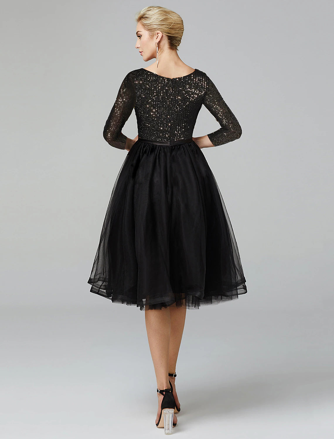 A-Line Cocktail Dresses Sparkle & Shine Dress Formal Tea Length 3/4 Length Sleeve Jewel Neck Fall Wedding Guest Tulle with Sequin Strappy