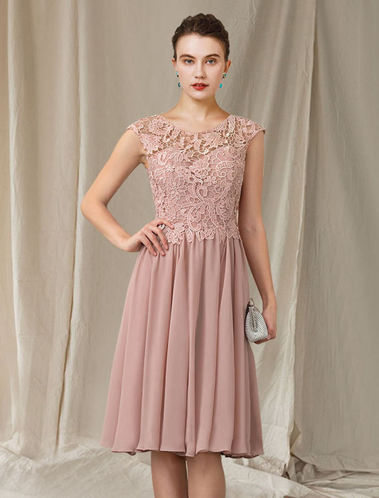 A-Line Mother of the Bride Dress Elegant Jewel Neck Knee Length Chiffon Lace Sleeveless with Pleats Appliques