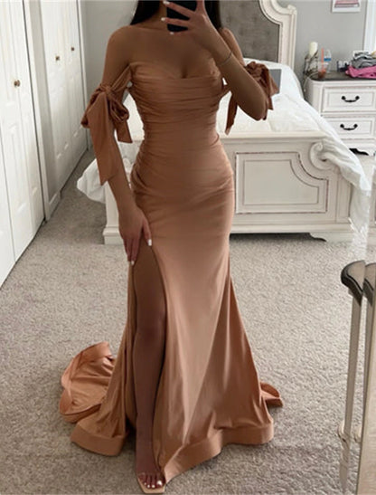 Mermaid / Trumpet Prom Dresses Corsets Dress Formal Evening Party Court Train Sleeveless Off Shoulder Satin with Bow(s) Ruched Slit