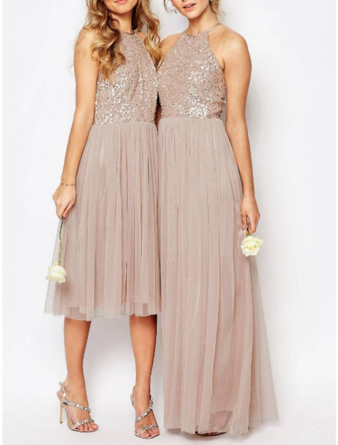 A-Line Bridesmaid Dress Halter Neck Sleeveless Elegant Floor Length / Knee Length Tulle with Sequin / Ruching