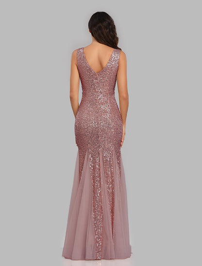 Mermaid / Trumpet Sparkle Sexy Party Wear Formal Evening Dress V Neck Sleeveless Floor Length Sequined with Sequin