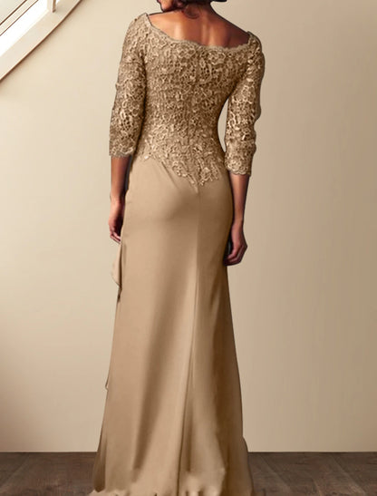 Sheath / Column Mother of the Bride Dress Elegant Bateau Neck Floor Length Chiffon Lace 3/4 Length Sleeve with Lace