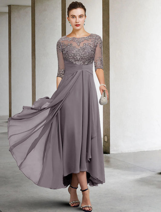 A-Line Mother of the Bride Dress Wedding Guest Elegant Plus Size High Low V Neck Asymmetrical Ankle Length Chiffon Lace Half Sleeve with Beading Appliques