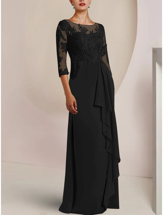 A-Line Mother of the Bride Dress Wedding Guest Party Elegant Scoop Neck Sweep / Brush Train Chiffon Half Sleeve with Lace Ruffles