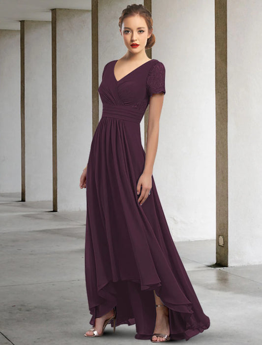 A-Line Mother of the Bride Dress Elegant High Low V Neck Asymmetrical Floor Length Chiffon Short Sleeve with Pleats Ruched