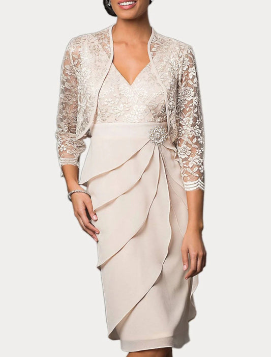 Two Piece Sheath / Column Mother of the Bride Dress Fall Wedding Guest Church Elegant V Neck Knee Length Chiffon Lace 3/4 Length Sleeve Wrap Included with Embroidery Cascading Ruffles