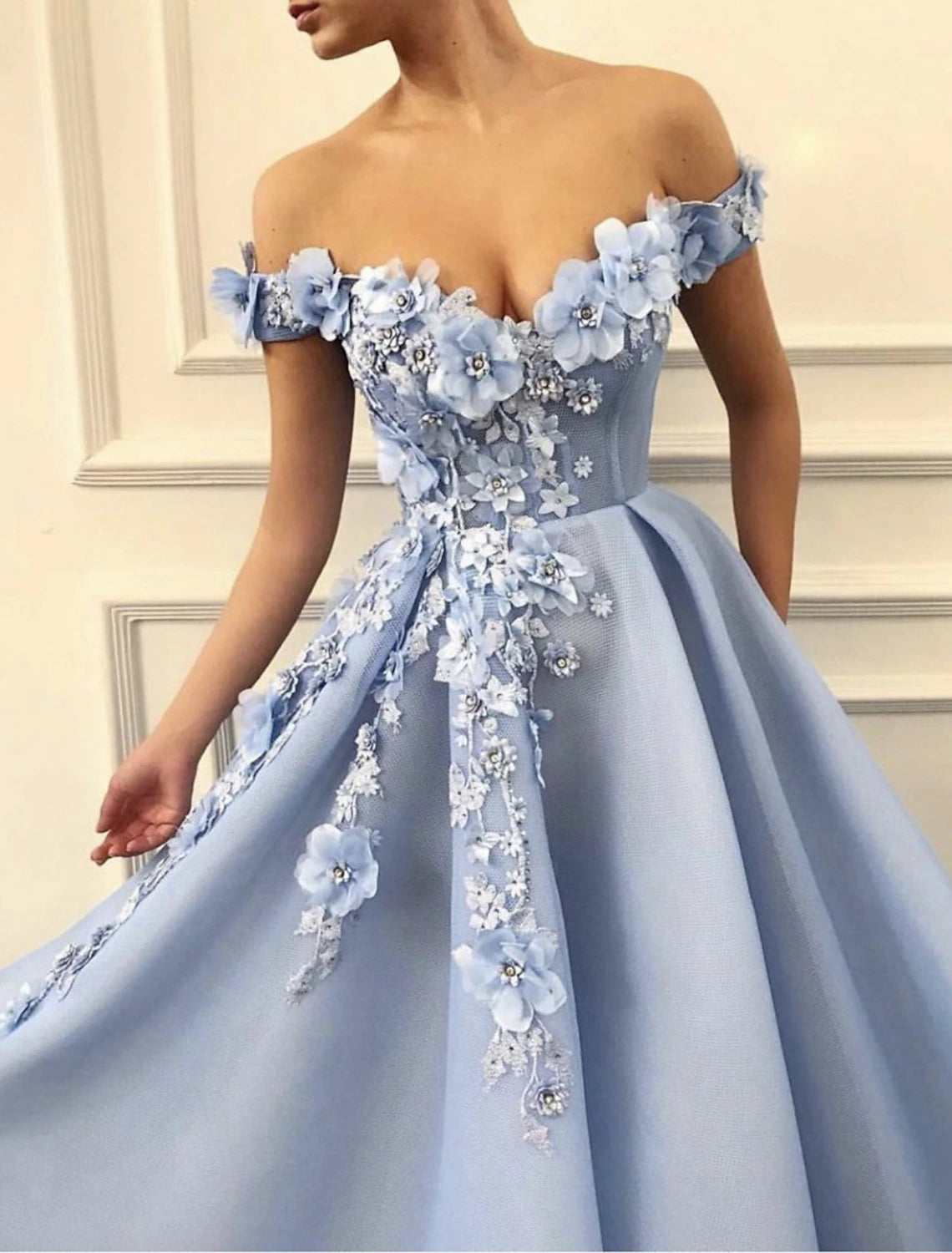 A-Line Evening Gown Floral Dress Wedding Guest Quinceanera Floor Length Short Sleeve Off Shoulder Satin with Appliques Pure Color