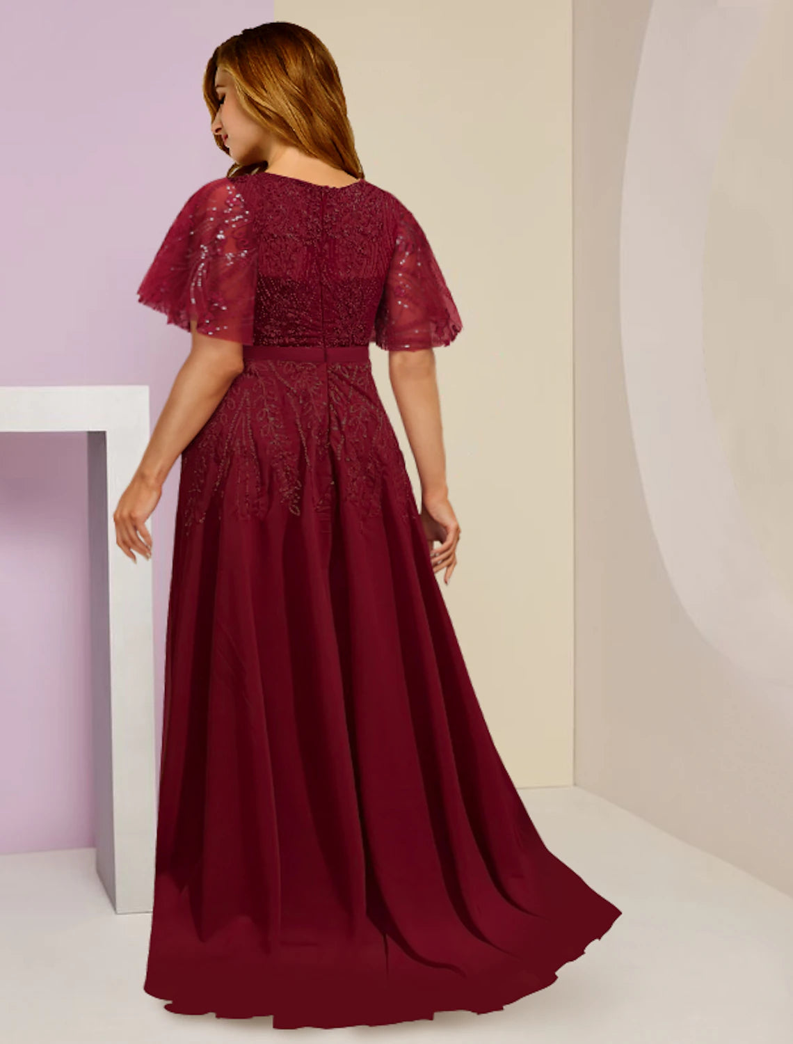 Plus Size Curve Mother of the Bride Dress Wedding Guest Elegant Sparkle & Shine V Neck Floor Length Chiffon Lace Sequined Short Sleeve with Pleats Split