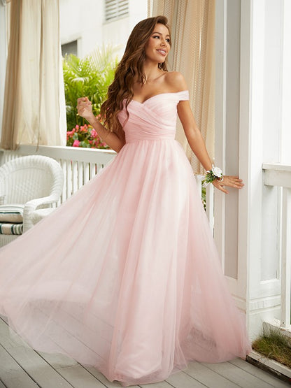 A-Line/Princess Tulle Ruched Off-the-Shoulder Sleeveless Floor-Length Dresses
