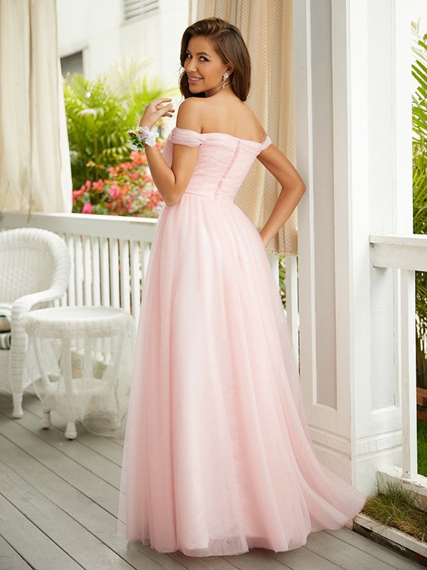 A-Line/Princess Tulle Ruched Off-the-Shoulder Sleeveless Floor-Length Dresses