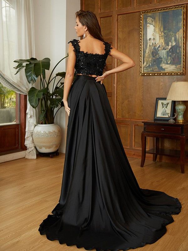 A-Line/Princess Elastic Woven Satin Applique Off-the-Shoulder Sleeveless Sweep/Brush Train Two Piece Dresses