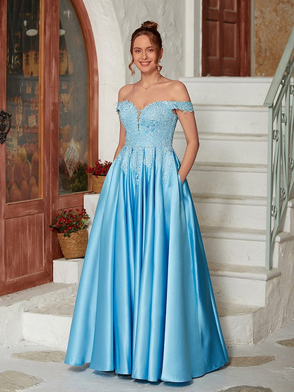 A-Line/Princess Satin Lace Off-the-Shoulder Sleeveless Floor-Length Dresses