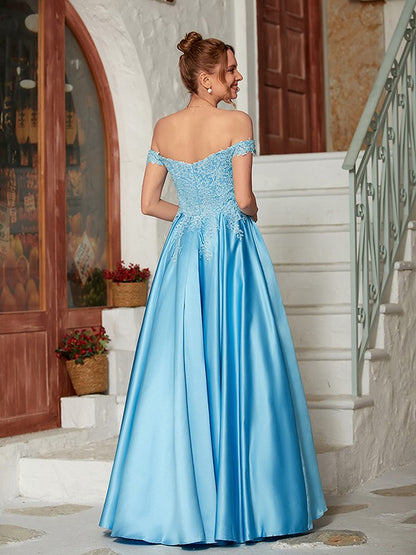 A-Line/Princess Satin Lace Off-the-Shoulder Sleeveless Floor-Length Dresses