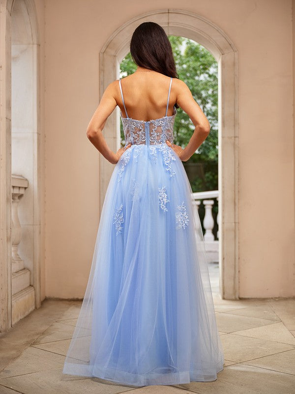 A-Line/Princess Tulle Applique V-neck Sleeveless Floor-Length Dresses