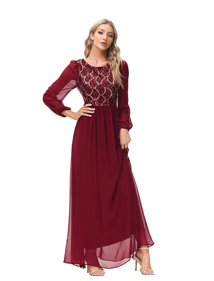 A-Line Evening Gown Empire Dress Party Wear Floor Length Long Sleeve Jewel Neck Chiffon V Back with Sequin Splicing