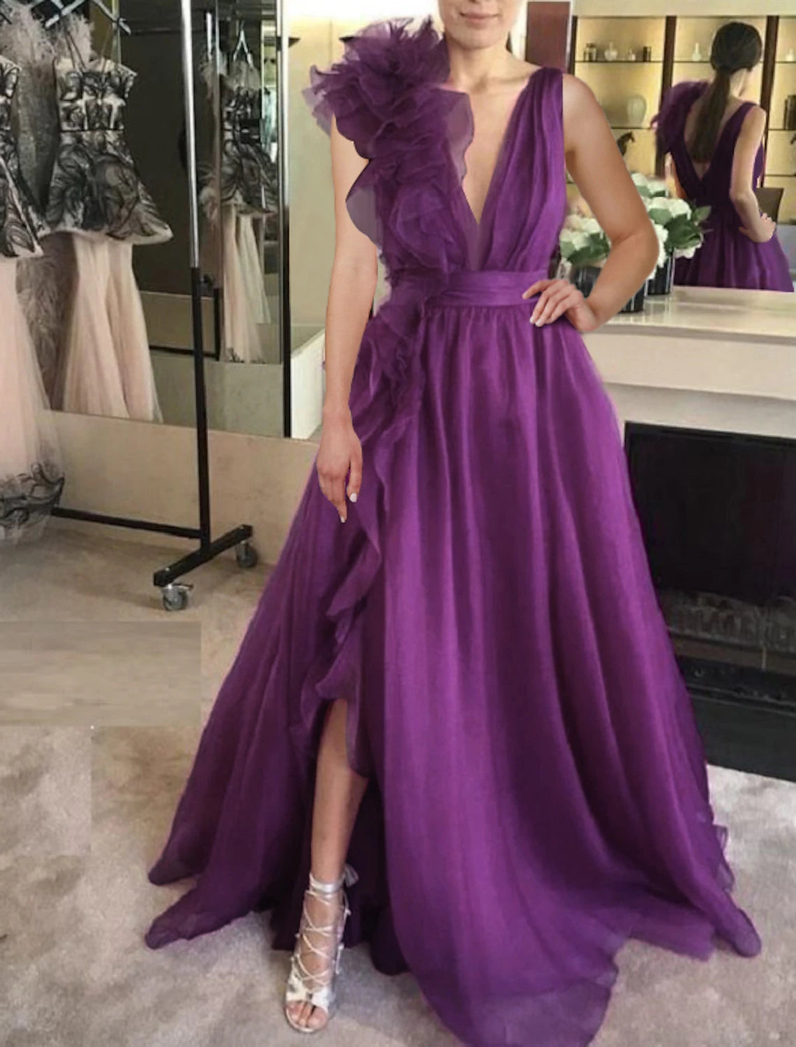 A-Line Evening Gown Celebrity Style Dress Red Green Dress Formal Wedding Guest Floor Length Sleeveless V Neck Chiffon with Slit Pure Color