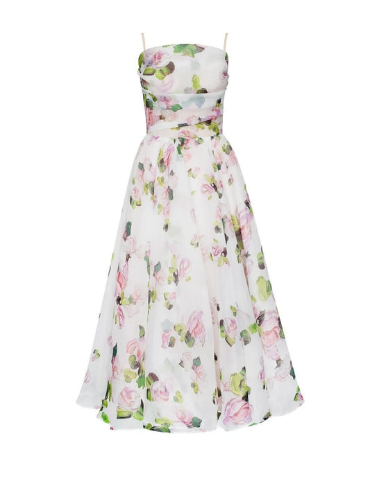 A-Line Homecoming Dresses Princess Dress Holiday Tea Length Sleeveless Spaghetti Strap Organza with Print