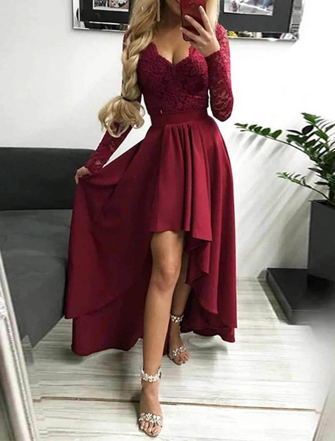 A-Line Prom Dresses Elegant Dress Asymmetrical Long Sleeve V Neck Fall Wedding Guest Polyester with Pure Color