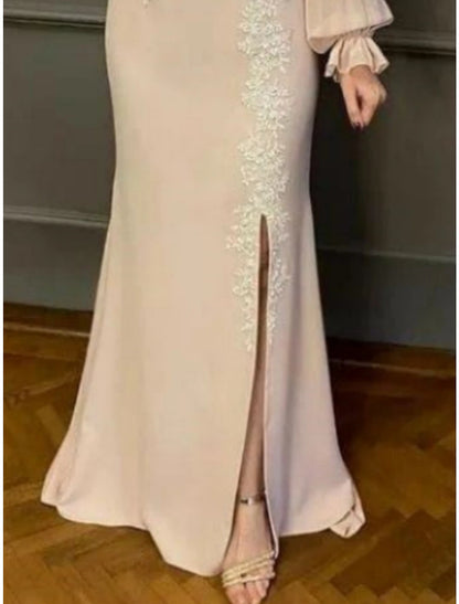 Sheath / Column Mother of the Bride Dress Wedding Guest Elegant Party Off Shoulder Floor Length Chiffon Lace Long Sleeve with Split Front
