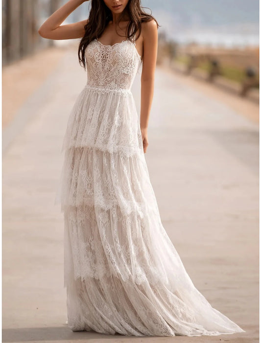 Mature Wedding Dresses A-Line Camisole Sleeveless Sweep / Brush Train Lace Bridal Gowns With Pleats Solid Color