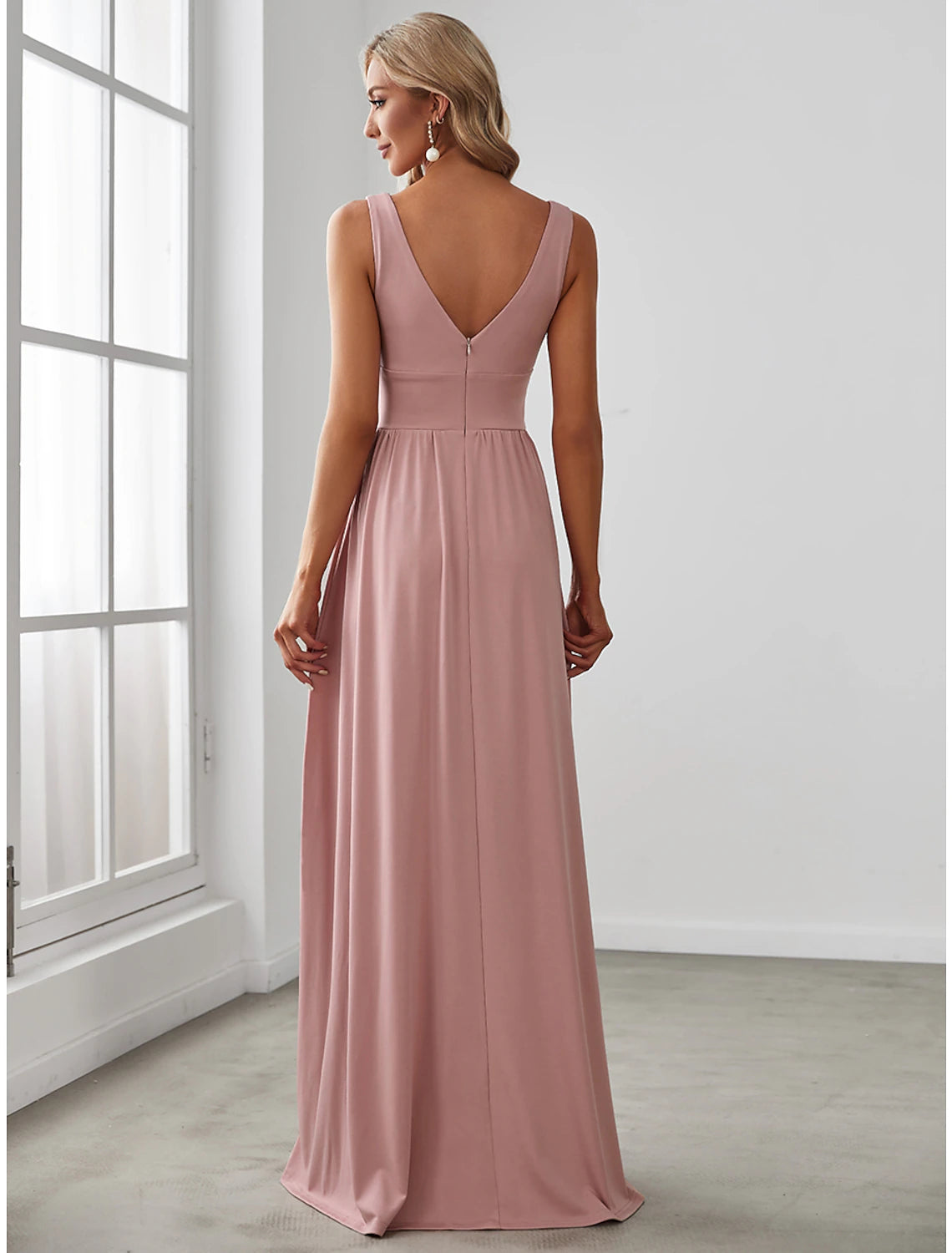 A-Line Prom Party Dress High Split Dress Wedding Guest Formal Evening Floor Length Sleeveless V Neck Bridesmaid Dress Chiffon V Back with Slit Pure