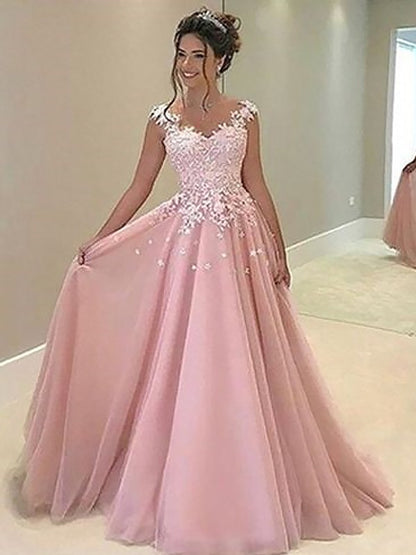 A-Line/Princess Sweetheart Sleeveless Floor-Length Applique Tulle Dresses