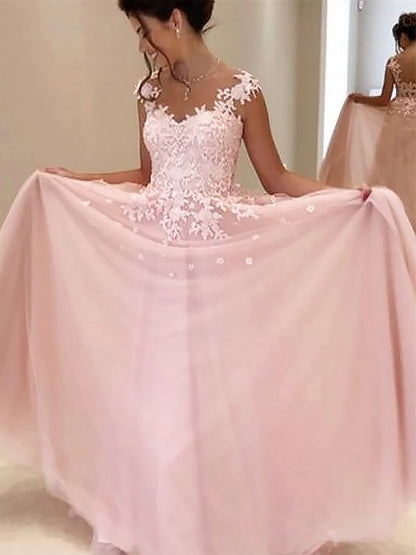 A-Line/Princess Sweetheart Sleeveless Floor-Length Applique Tulle Dresses