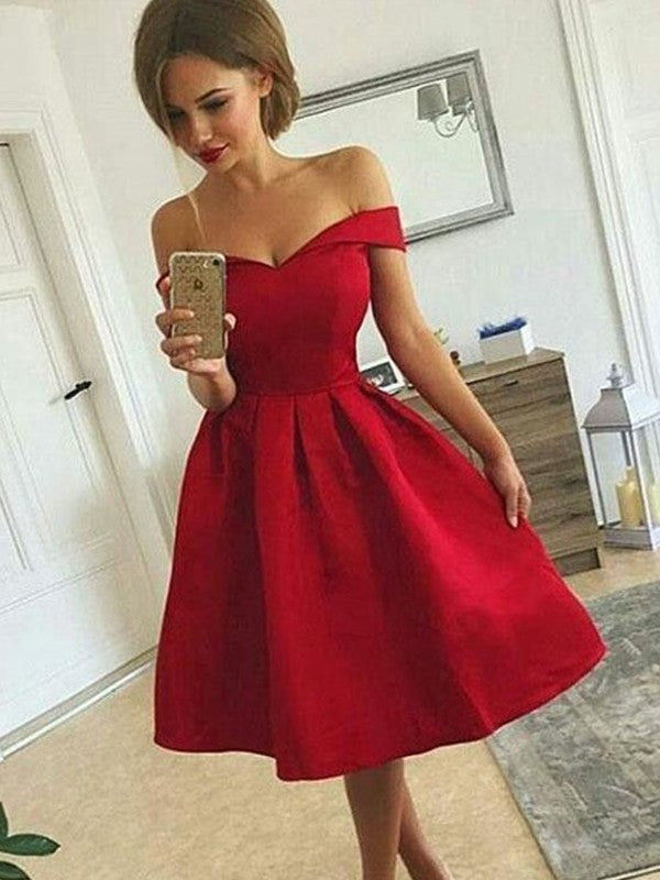 A-Line/Princess Satin Off-the-Shoulder Sleeveless Ruched Knee-length Dresses