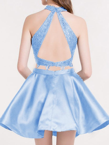 A-Line/Princess Satin Lace Sleeveless Halter Short/Mini Two Piece Dresses