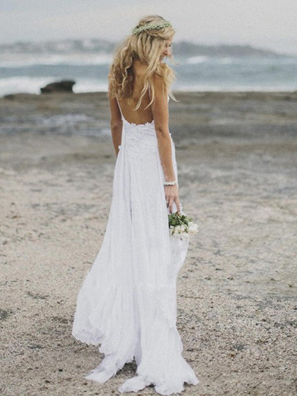 A-Line/Princess V-neck Sleeveless Applique Floor-Length Chiffon Wedding Dresses