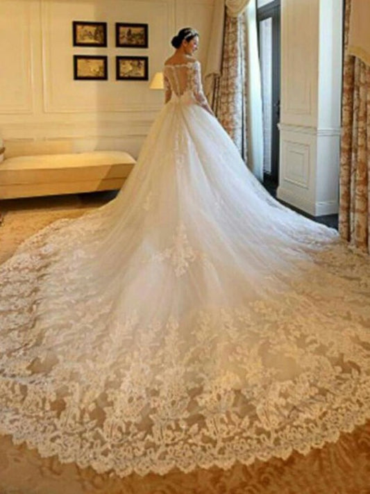 Ball Gown Off-the-Shoulder Cathedral Train 3/4 Sleeves Beading Applique Tulle Wedding Dresses