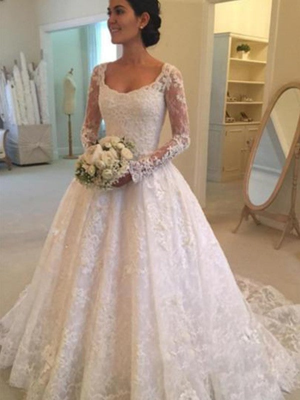 Ball Gown Long Sleeves Scoop Cathedral Train Ruffles Lace Wedding Dresses
